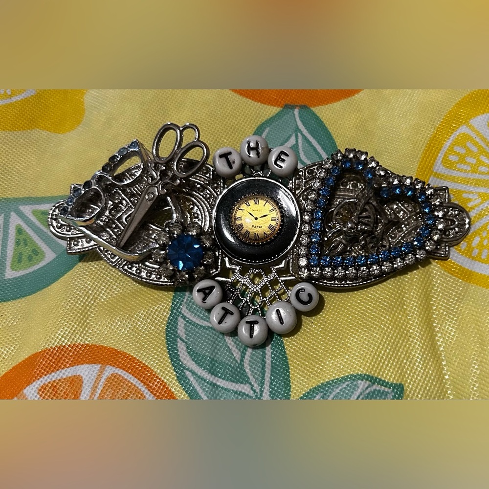 Unique Vintage (The Attic) Silver and Blue Brooch with Clock Detail